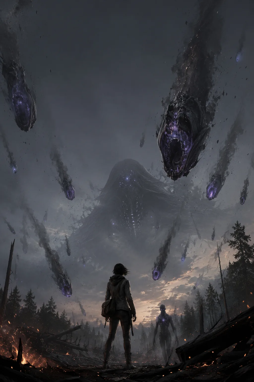 The Veilfall — living ships fill the sky over a ruined world
